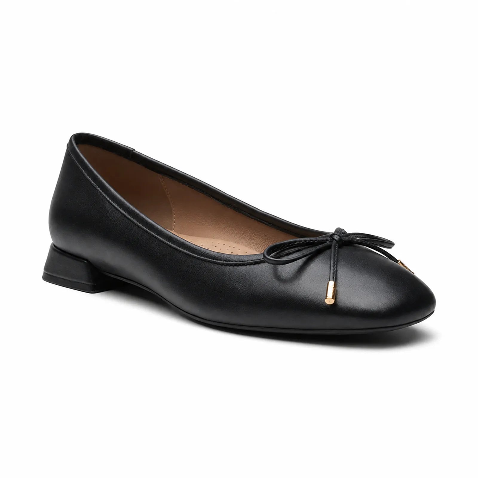 Black women's flats with bow detail and low block heel, rounded toe