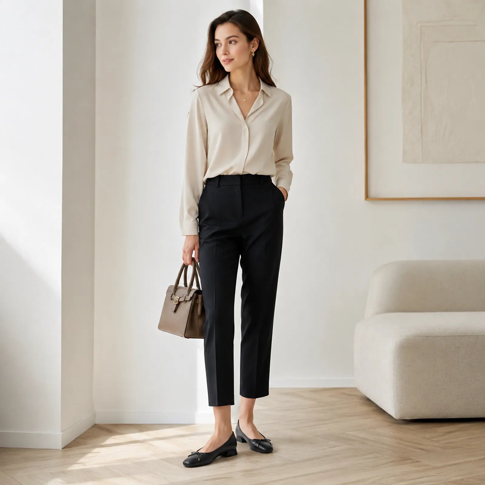 Black women's flats with bow detail and low block heel, worn with pants