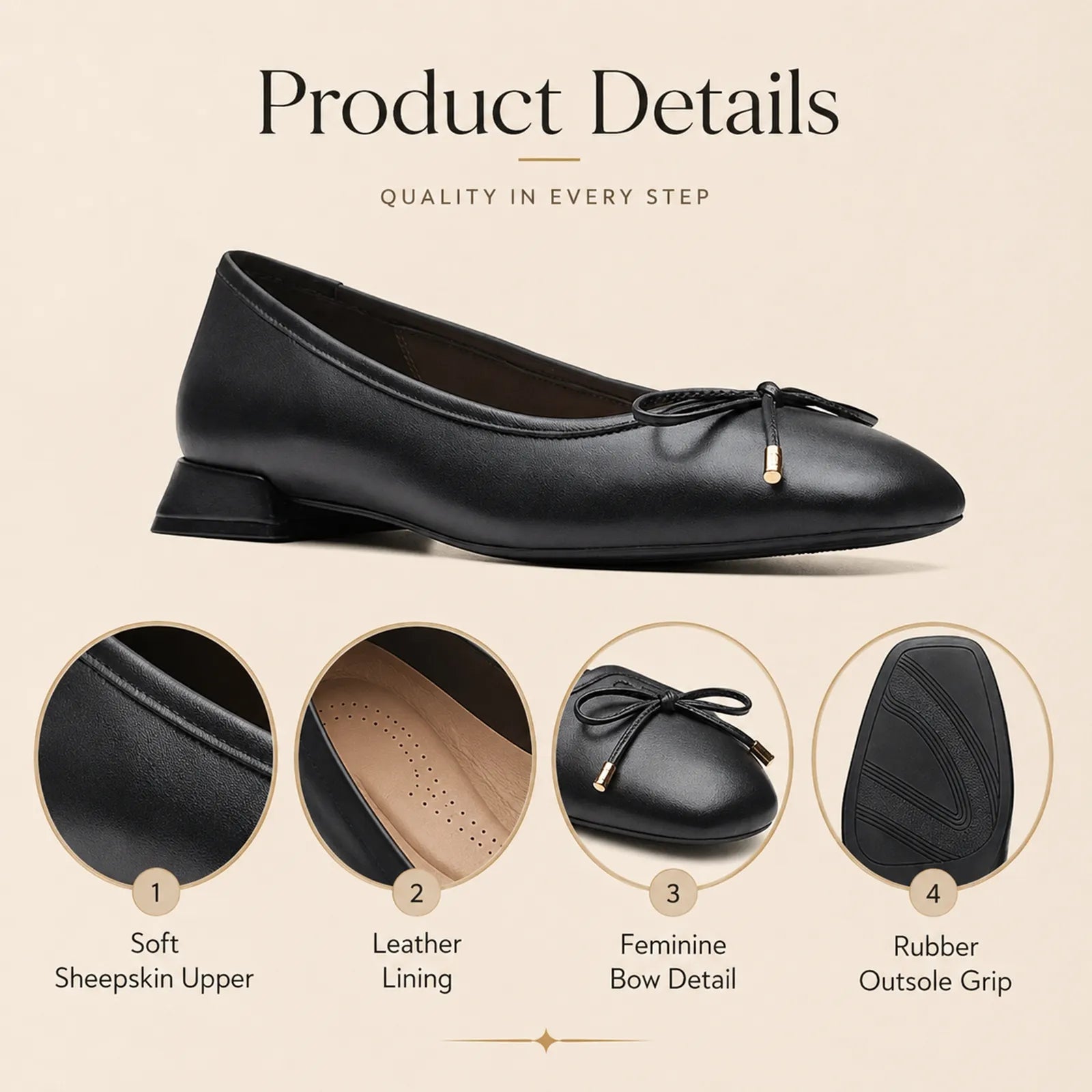 Black women's step flats with bow detail, sheepskin-lined upper and rubber outsole