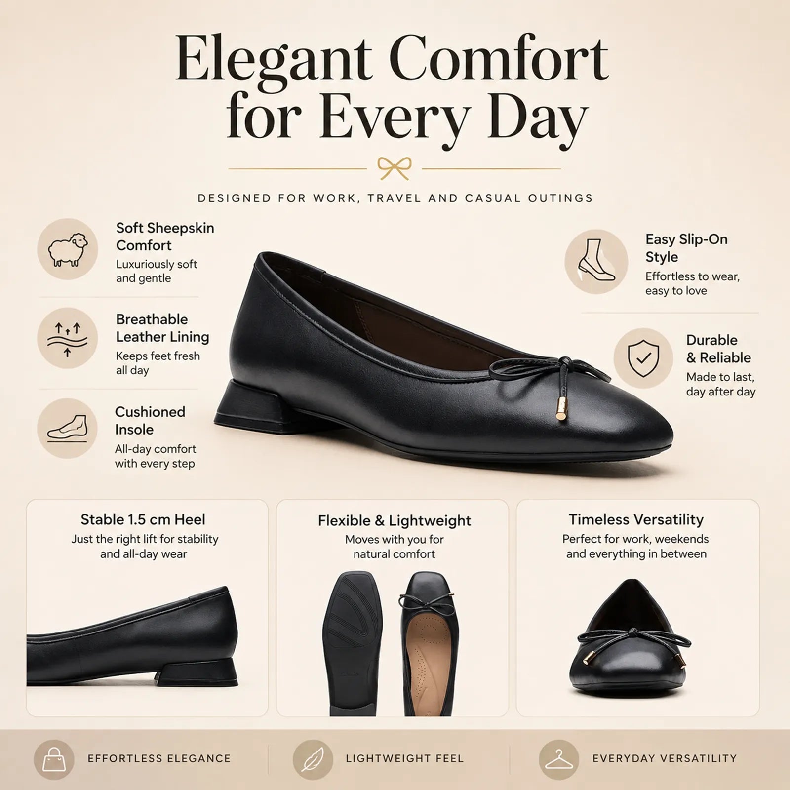Black women's step flats with bow detail, low block heel and cushioned insole