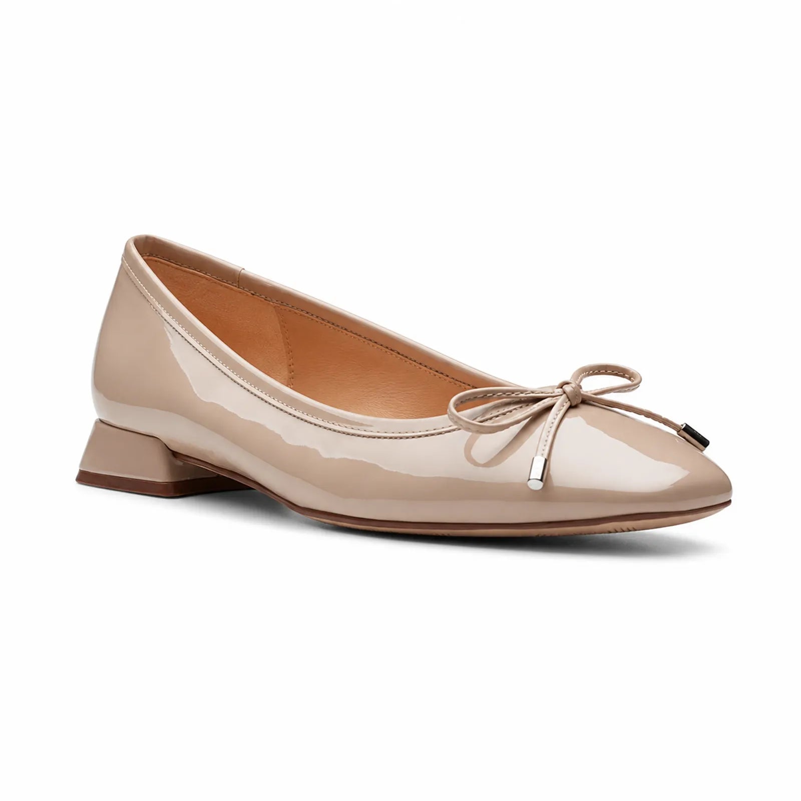 Khaki women's step flats with bow detail and low block heel, rounded toe