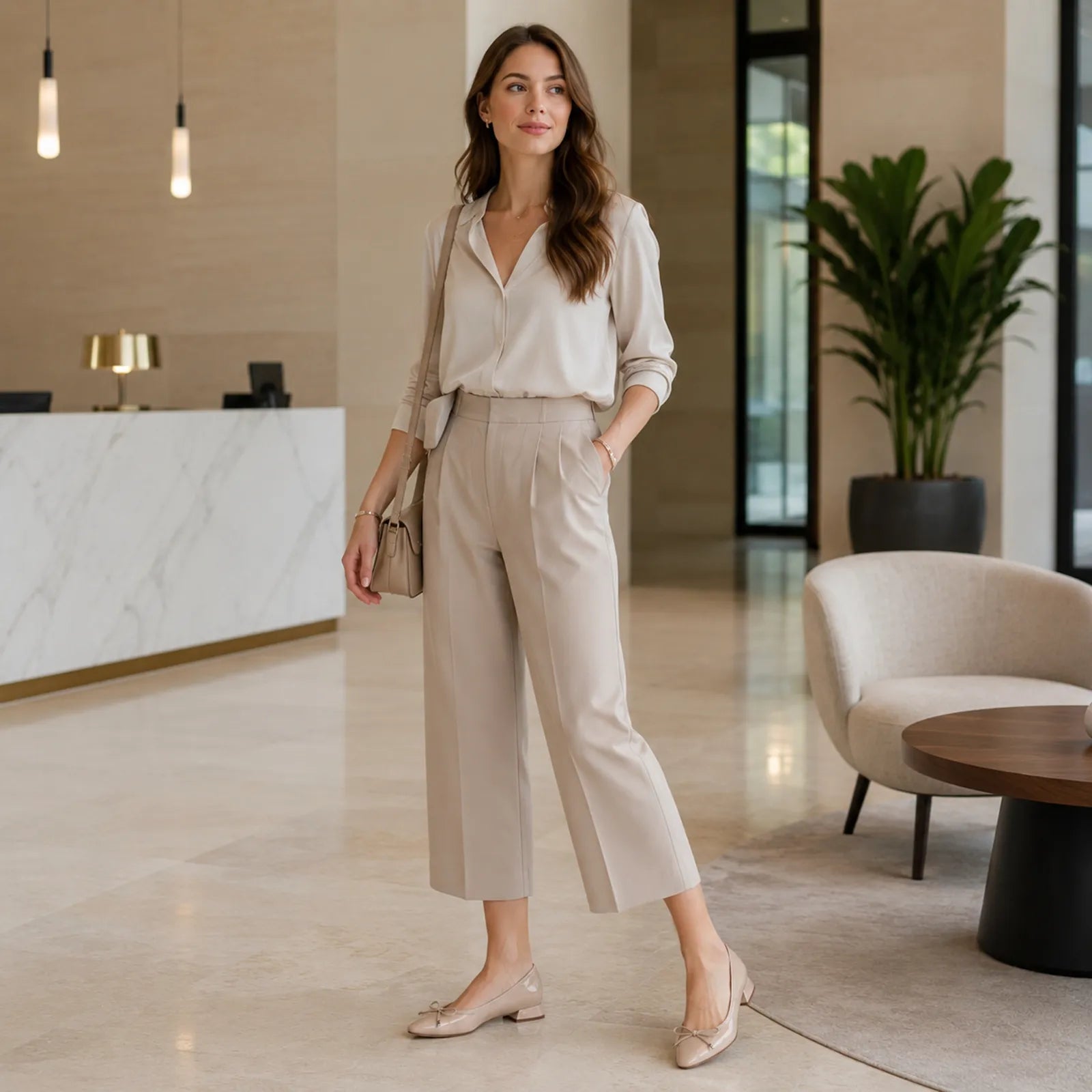 Khaki women's flats with bow detail and low block heel, worn with a matching outfit