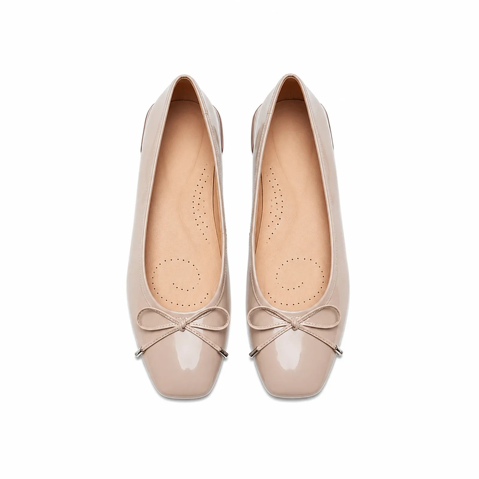 Khaki women's flats with bow detail, rounded toe, low block heel; pair view