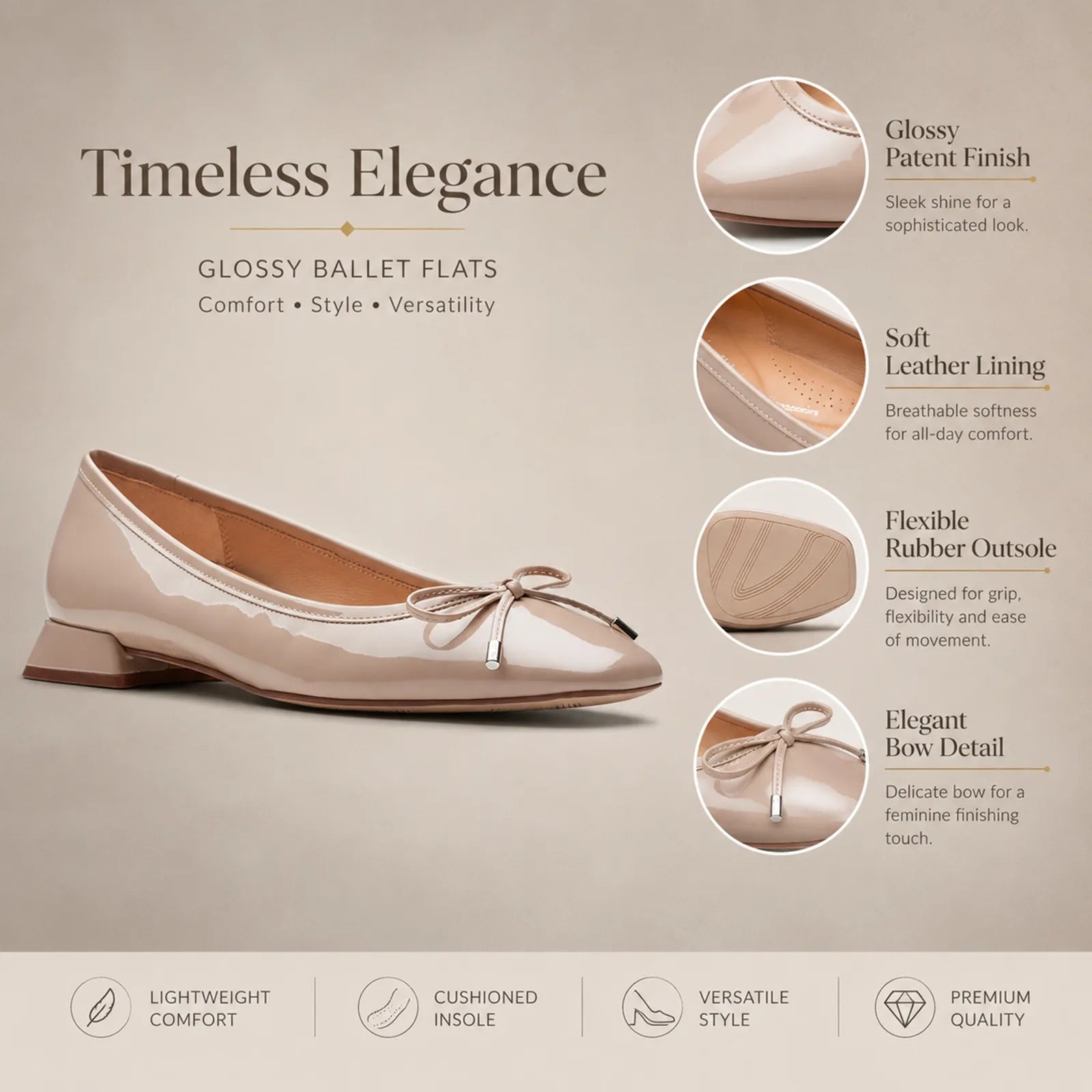 Women's bow-tie ballet flats, glossy light tan upper, rubber outsole