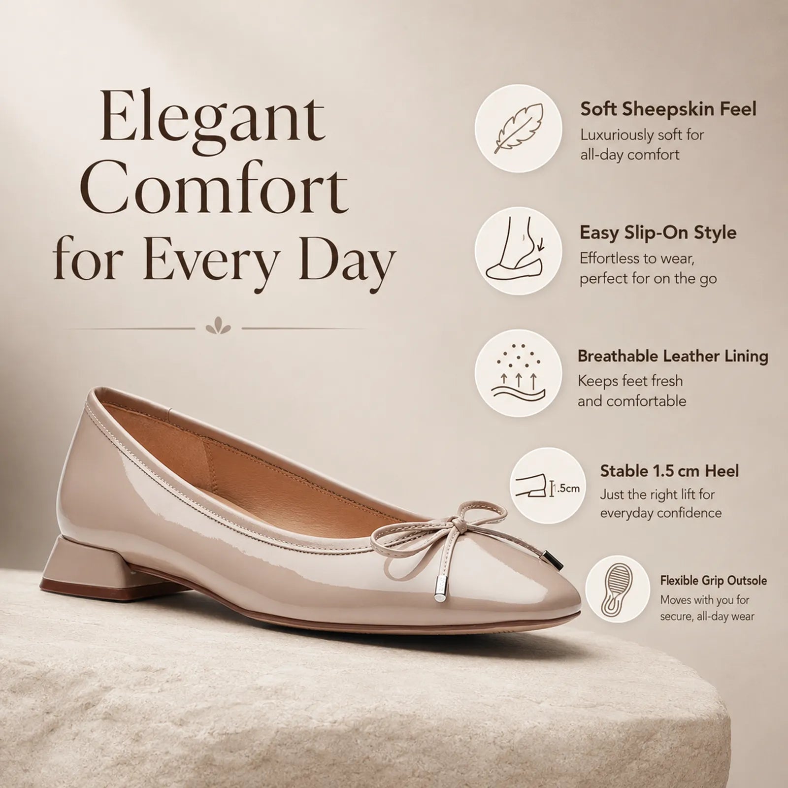 Women's bow-tie flats with glossy light tan upper and low stacked heel
