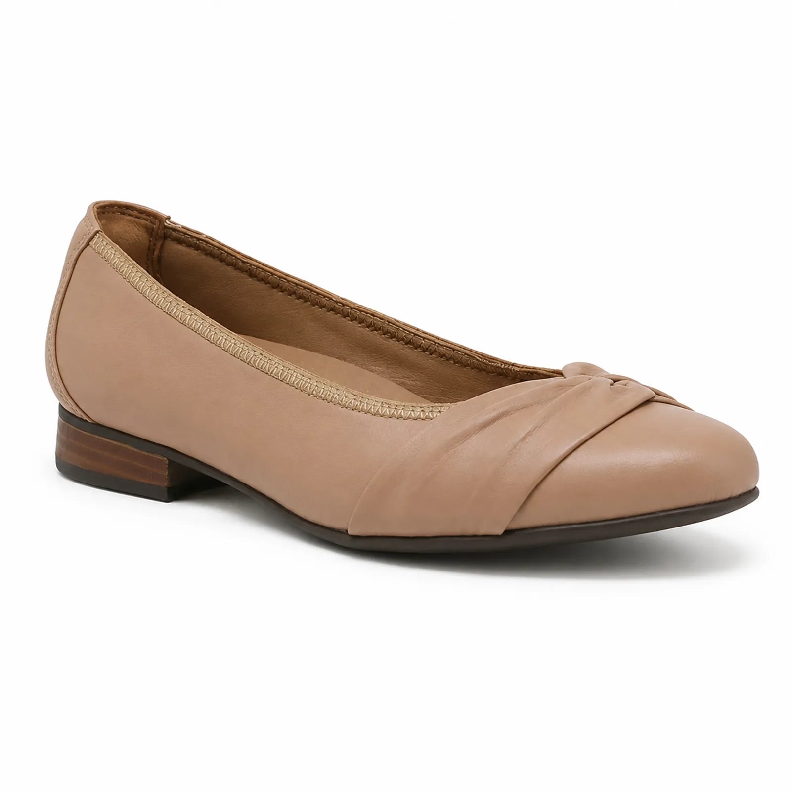 Women’s beige leather flats with low block heel and twisted bow at toe