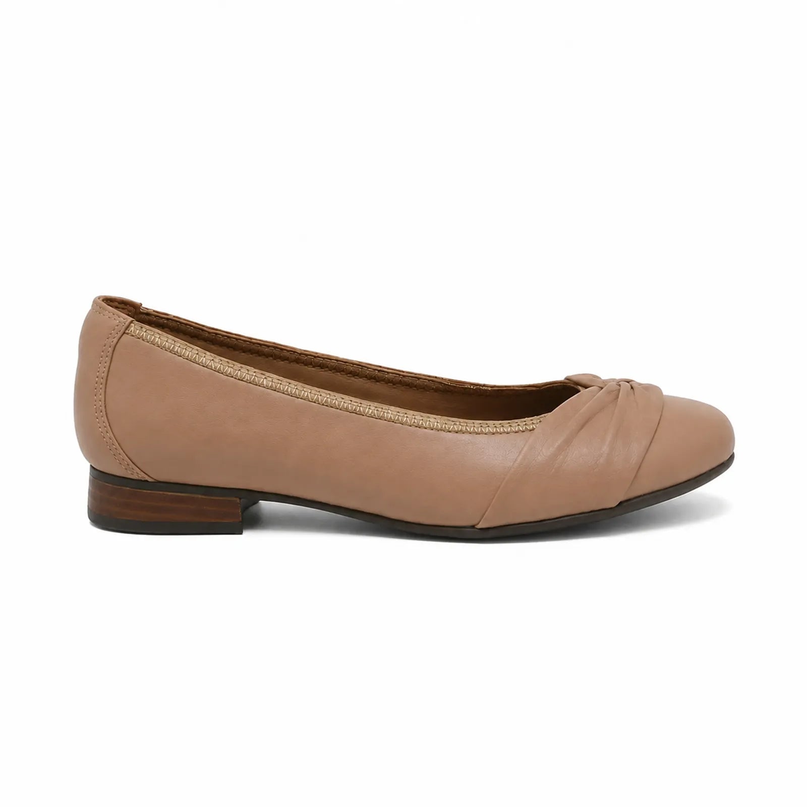 Women’s beige leather flats with low block heel and twisted bow detail