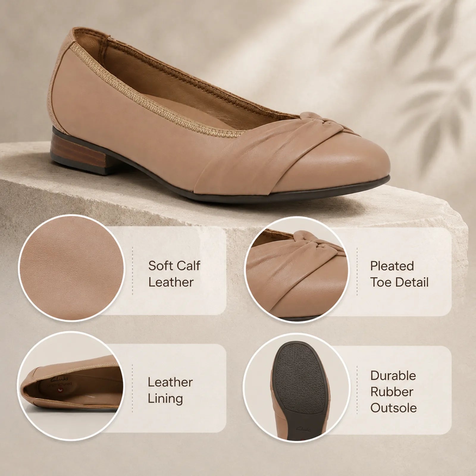 Women’s beige leather flats with pleated toe detail and low block heel