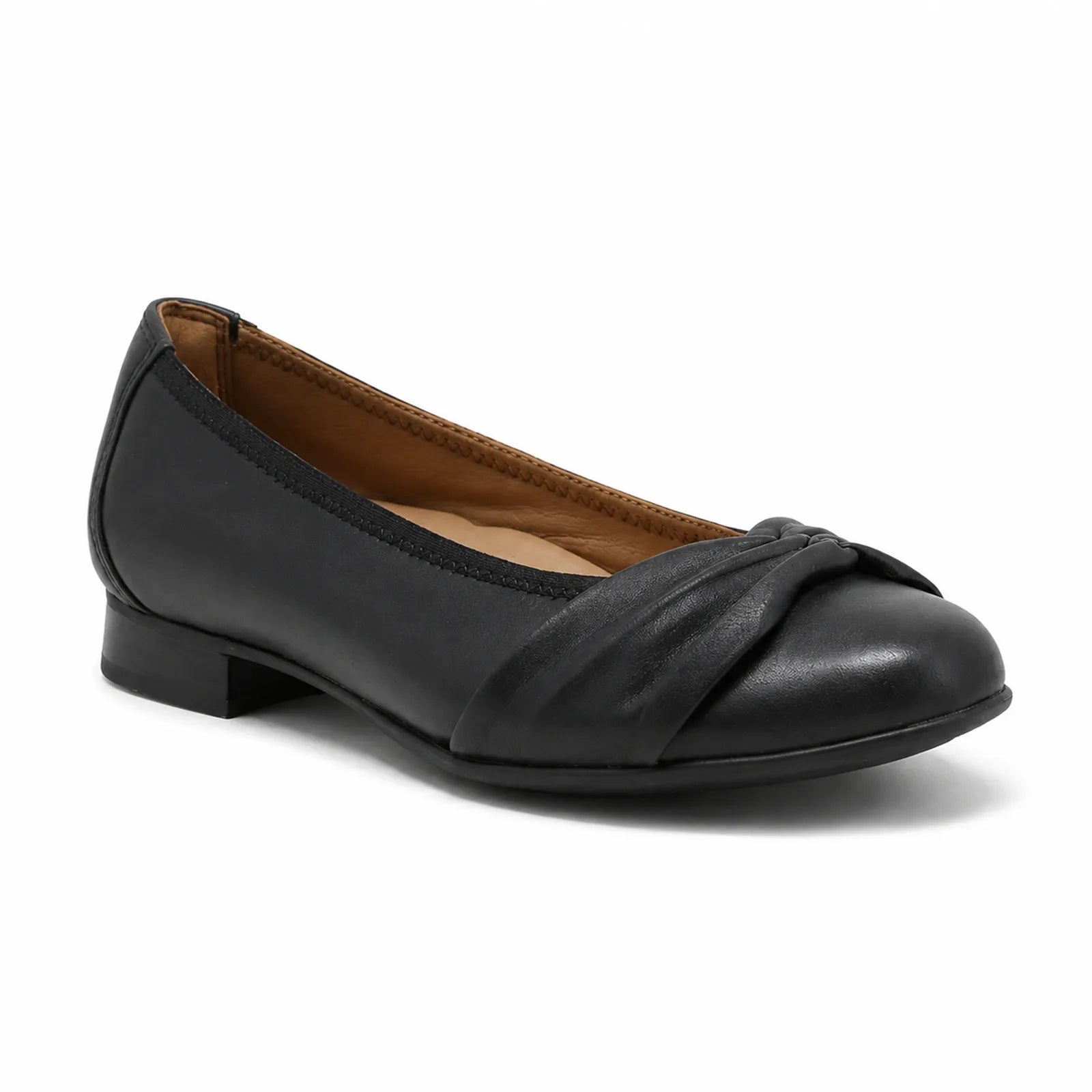 Women’s black leather flats with twisted bow at toe and low block heel