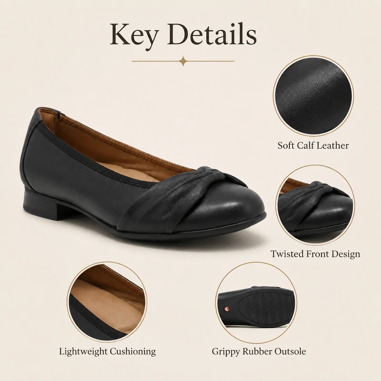 Women’s black leather flats with twisted front design and grippy rubber outsole