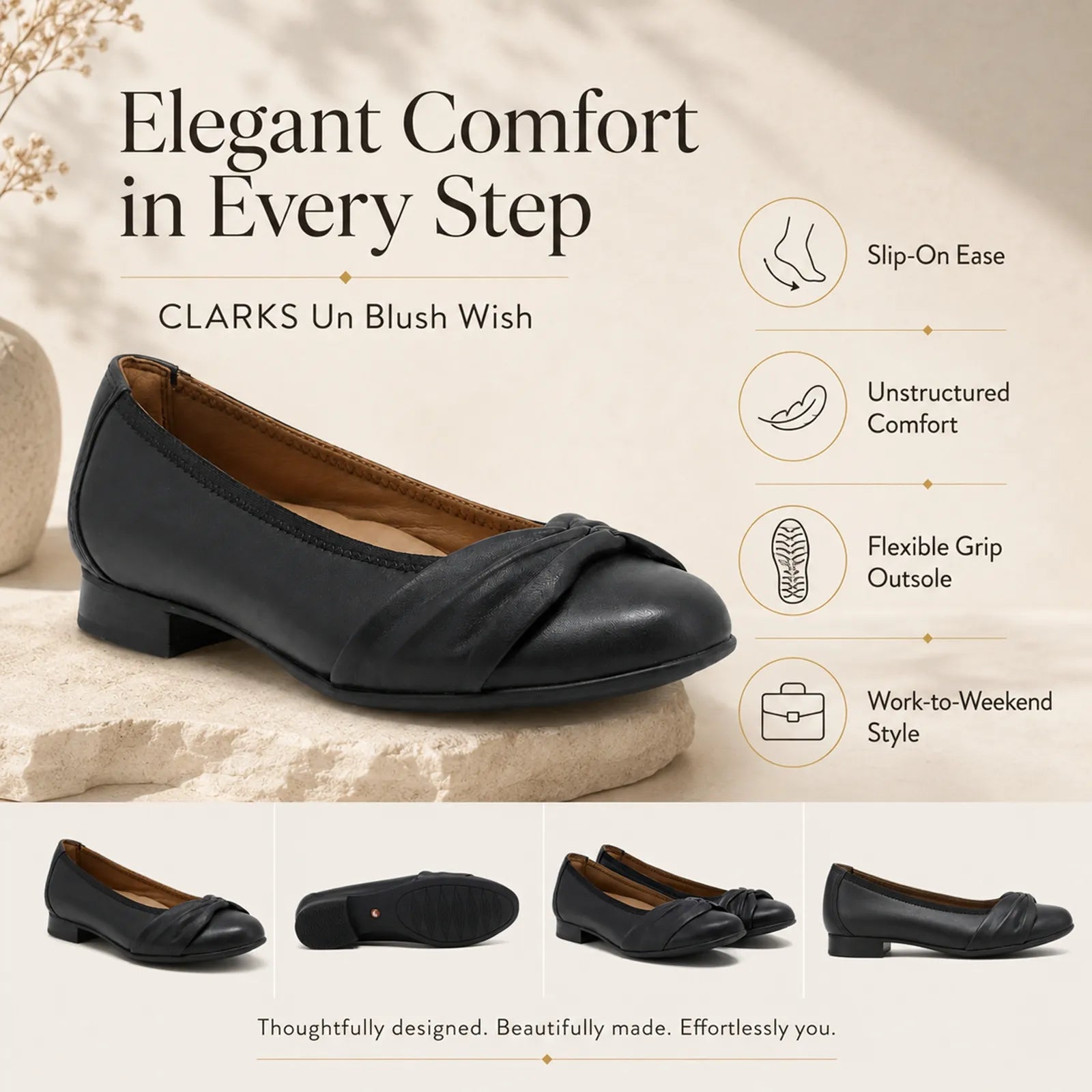Women’s black leather slip-on flats with low block heel and round toe