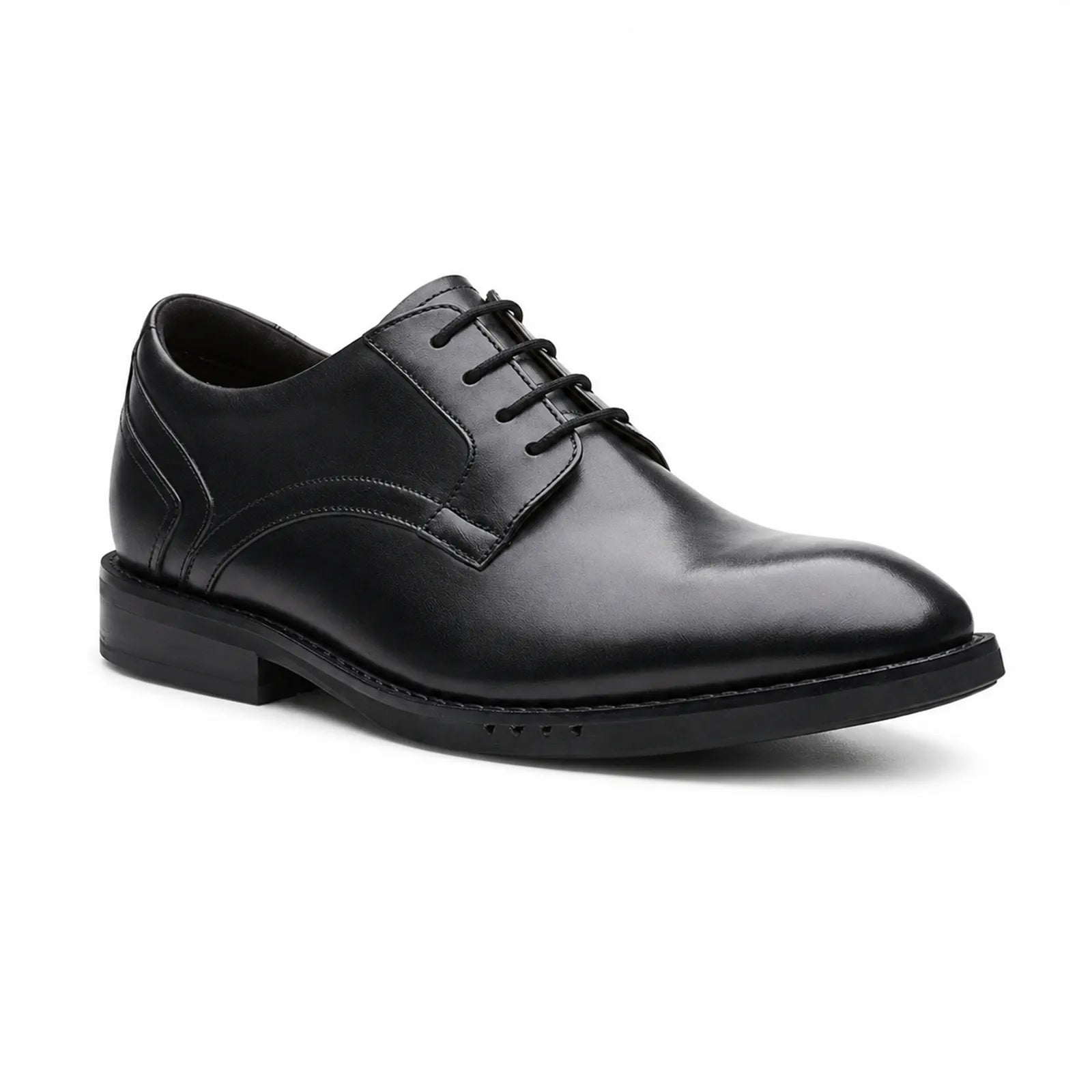 Black leather lace-up business shoe with cap toe and stitched paneling