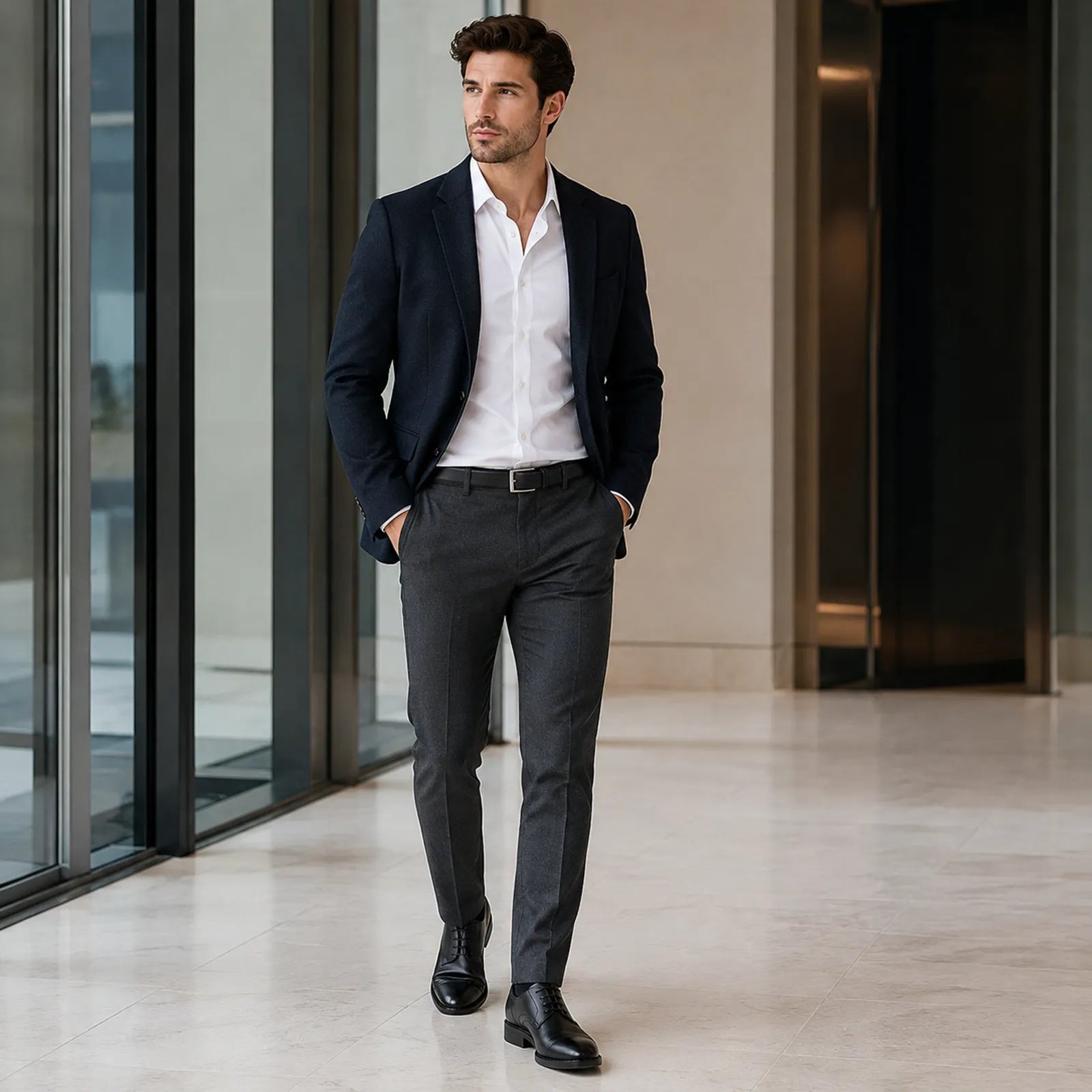 Mens black leather lace-up dress shoe worn with suit trousers, polished finish