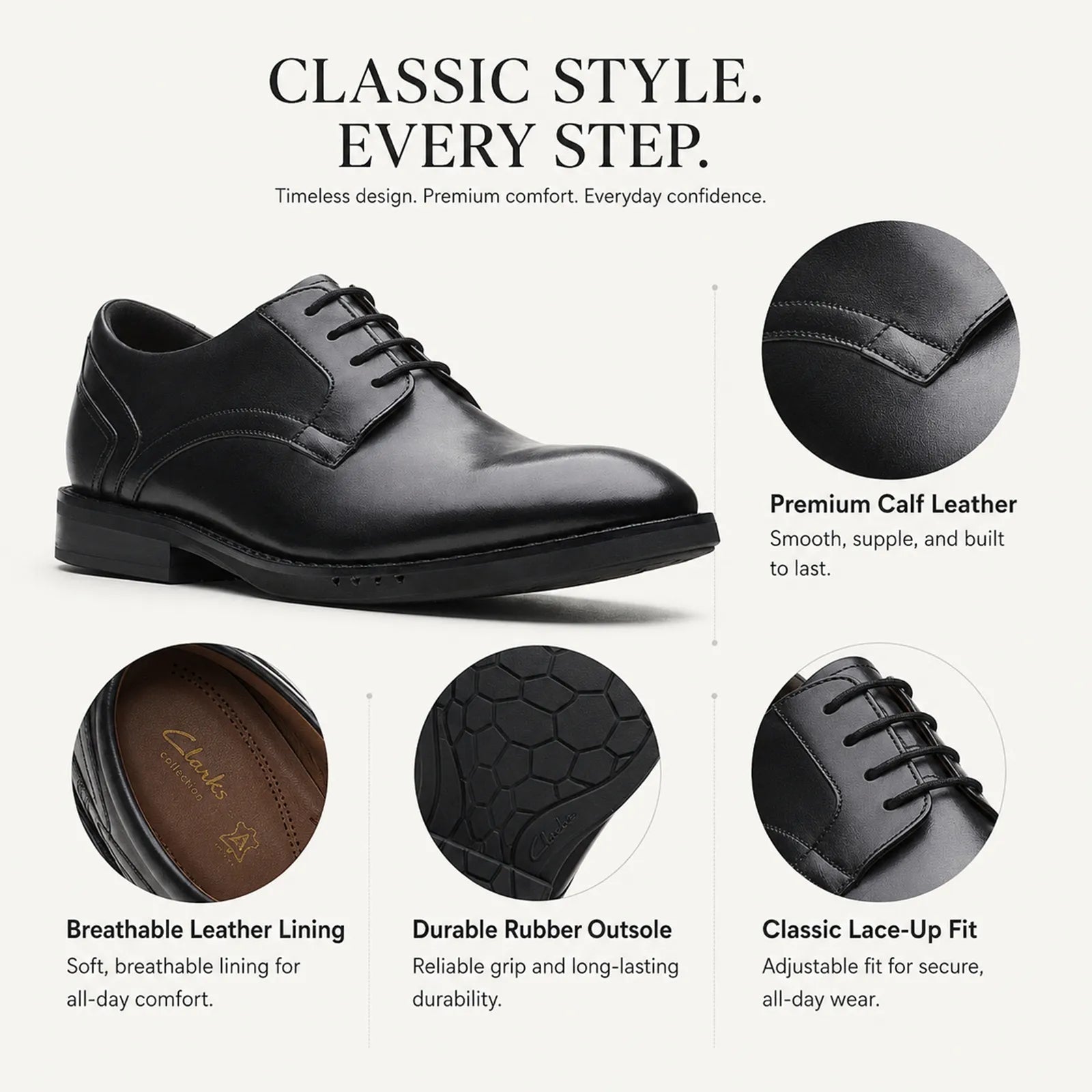 Black leather lace-up shoe with classic oxford styling and stitched apron panel