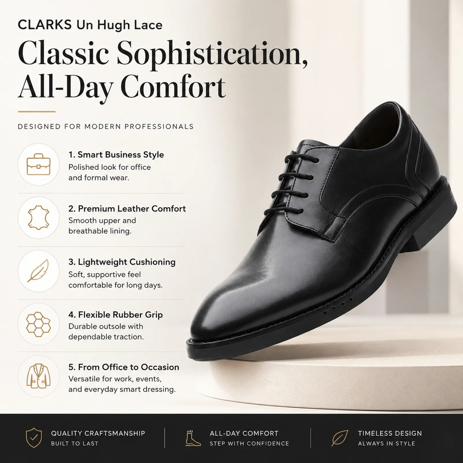 Black leather lace-up business shoe with low sole and side seam detailing