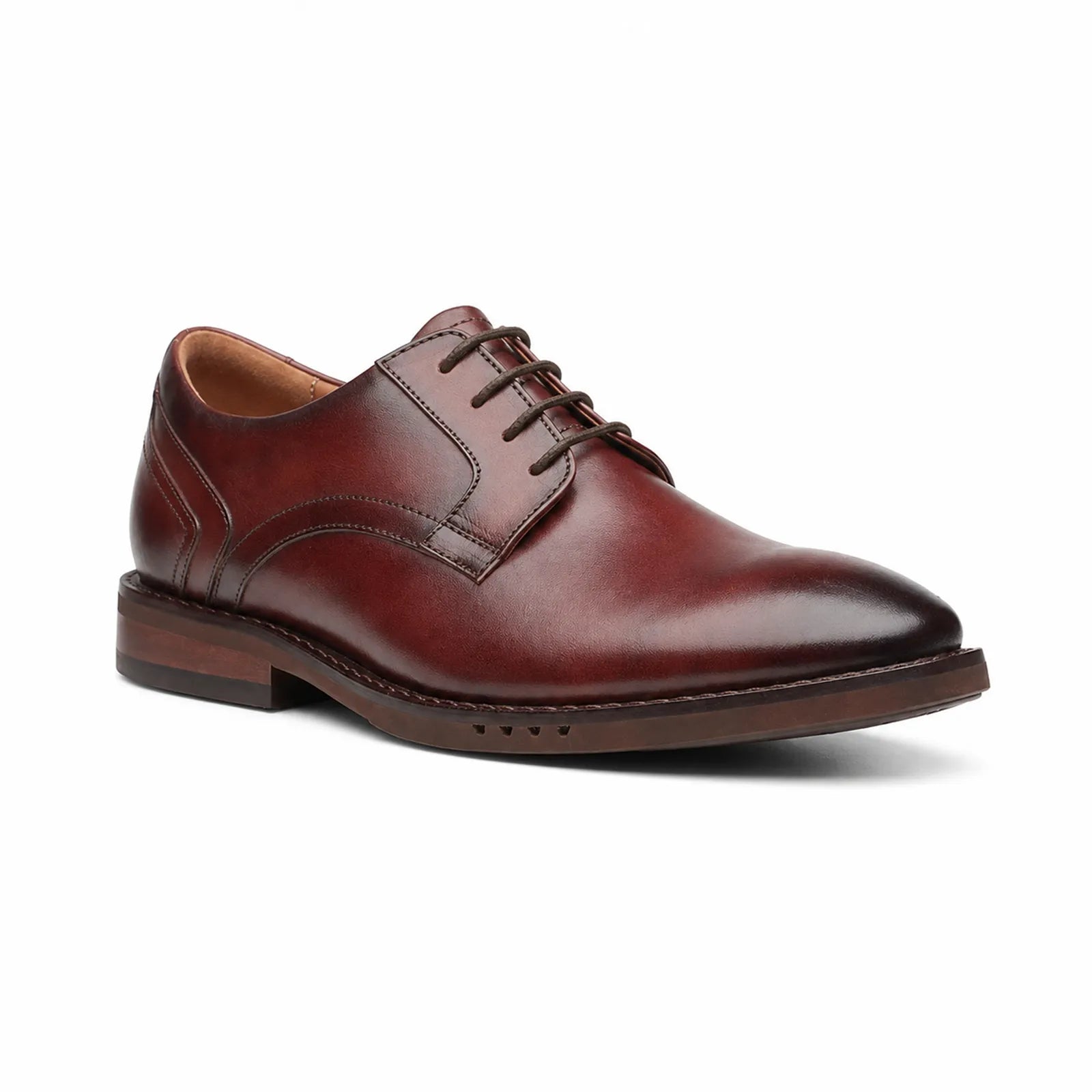 Brown leather lace-up business shoe with stitched cap toe and low wooden sole