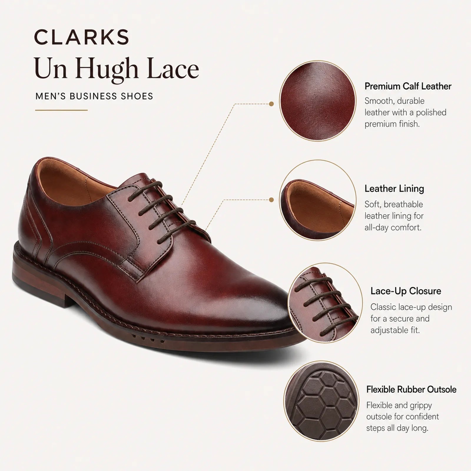Men's dark brown leather lace-up business shoes, smooth upper with cap toe.