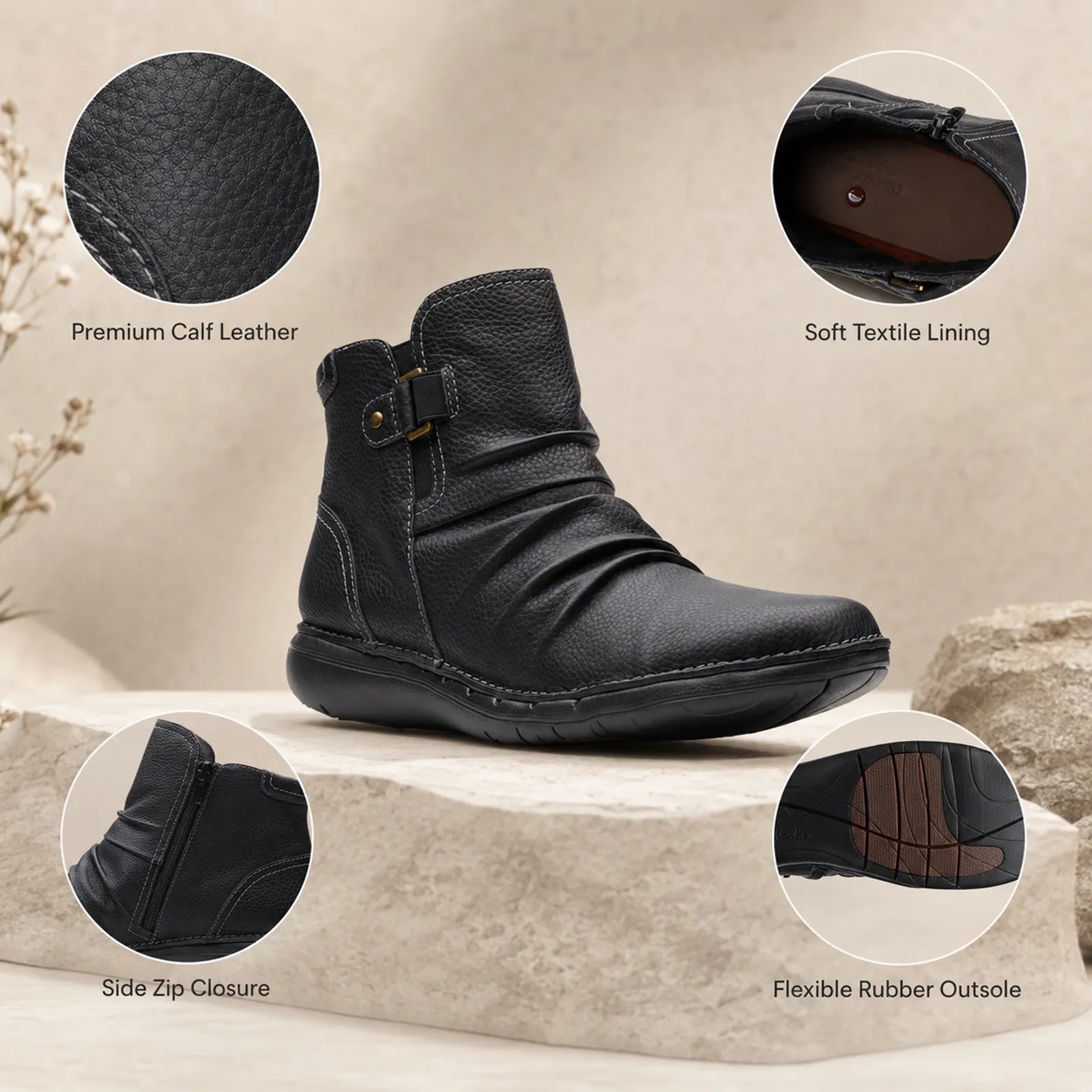 Black leather ankle boots with side zip, soft lining, and flexible rubber outsole