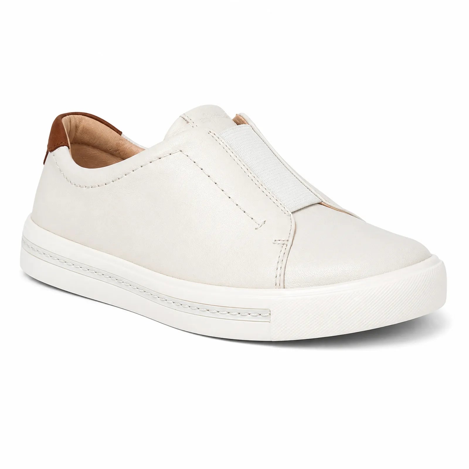 White leather slip-on sneakers with side gore panel and stitched toe cap.