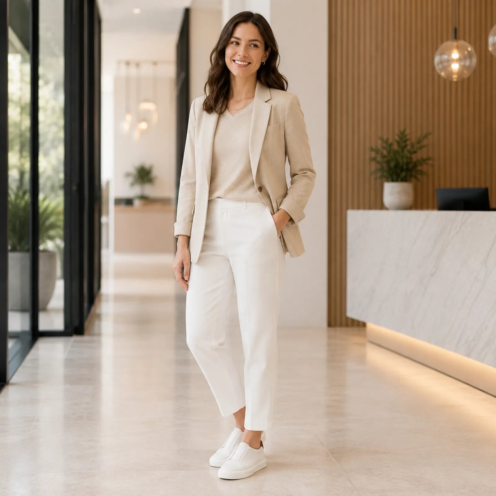 White slip-on sneakers on a woman’s feet with cuffed pants.