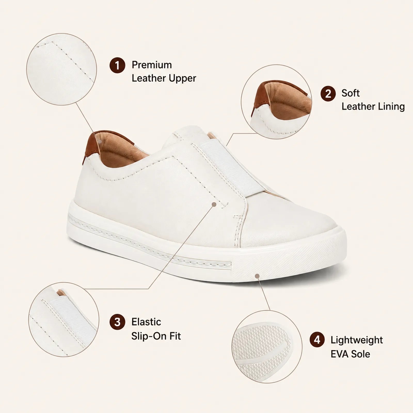 White leather slip-on sneaker with stitched panels, elastic gore, and cushioned sole.