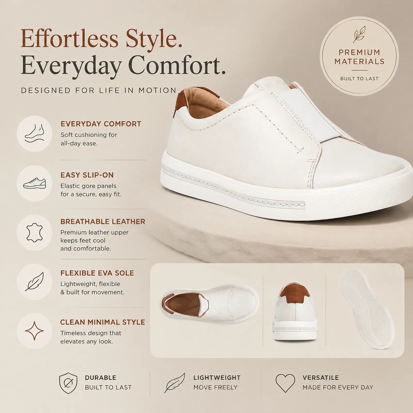 White leather slip-on sneakers with flexible cushioned sole in a clean design.