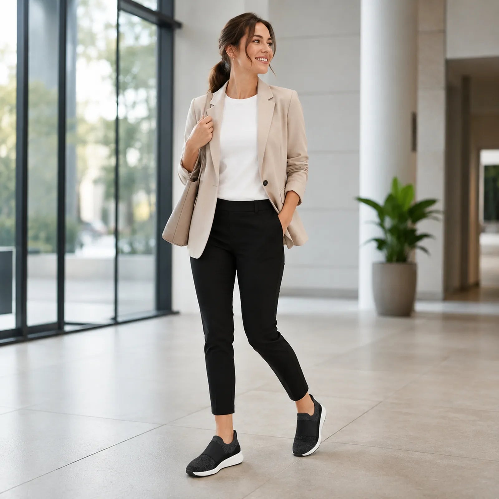 Women’s black knit slip-on sneakers with elastic gore and white sole, worn on model.