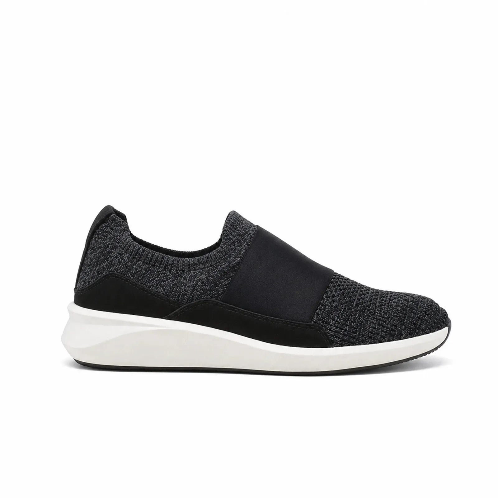 Black knit slip-on sneaker with elastic gore panel and white rubber midsole.