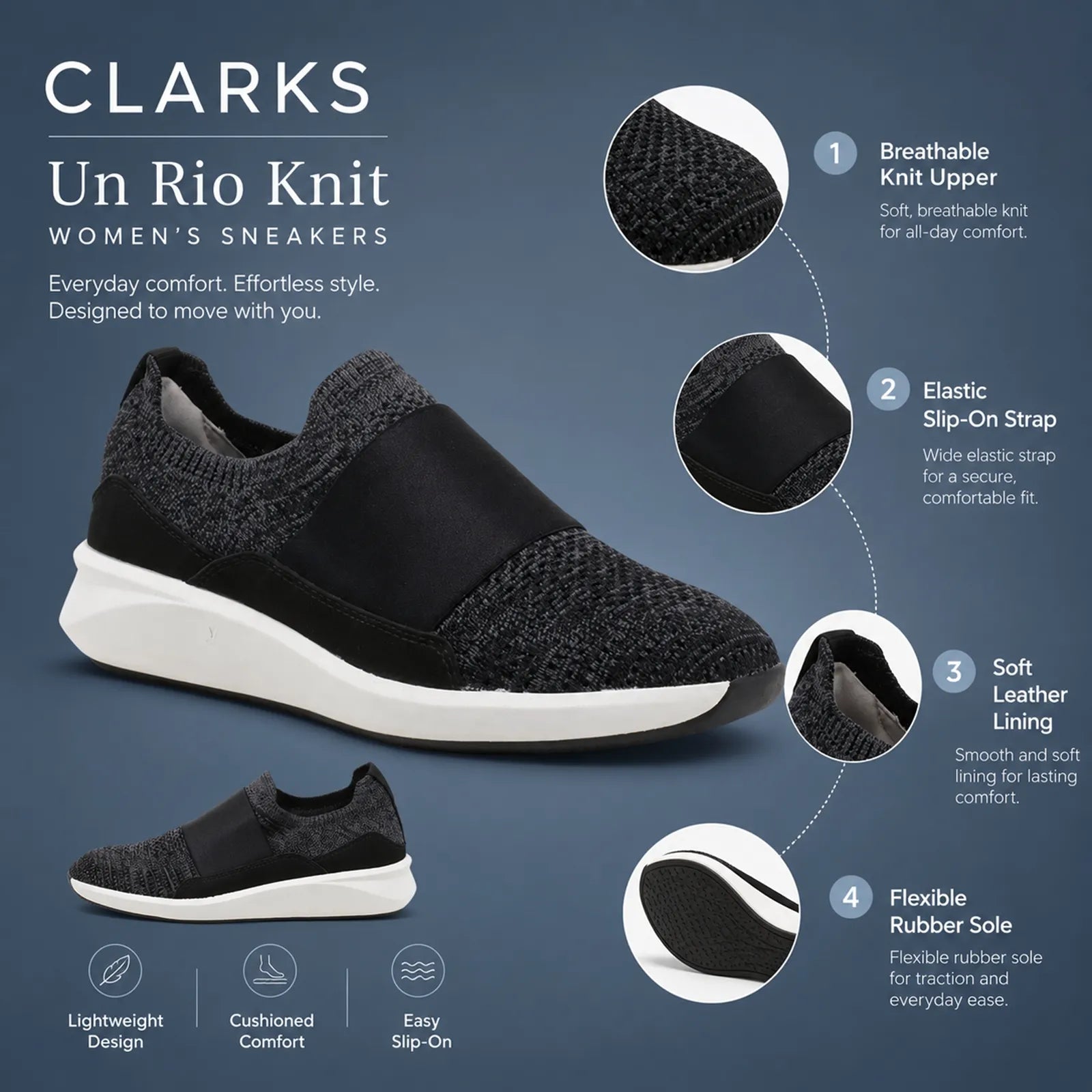 Black knit women’s slip-on sneaker with elastic gore and white rubber sole.