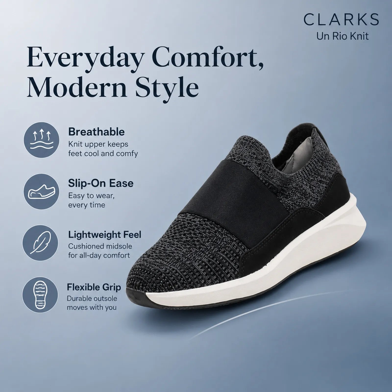 Black knit women’s slip-on sneaker with elastic gore and white sole, lace-free.