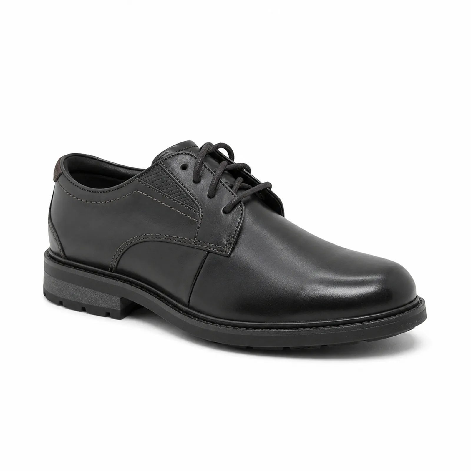 Men's black leather lace-up business shoe with round toe and stitched panels