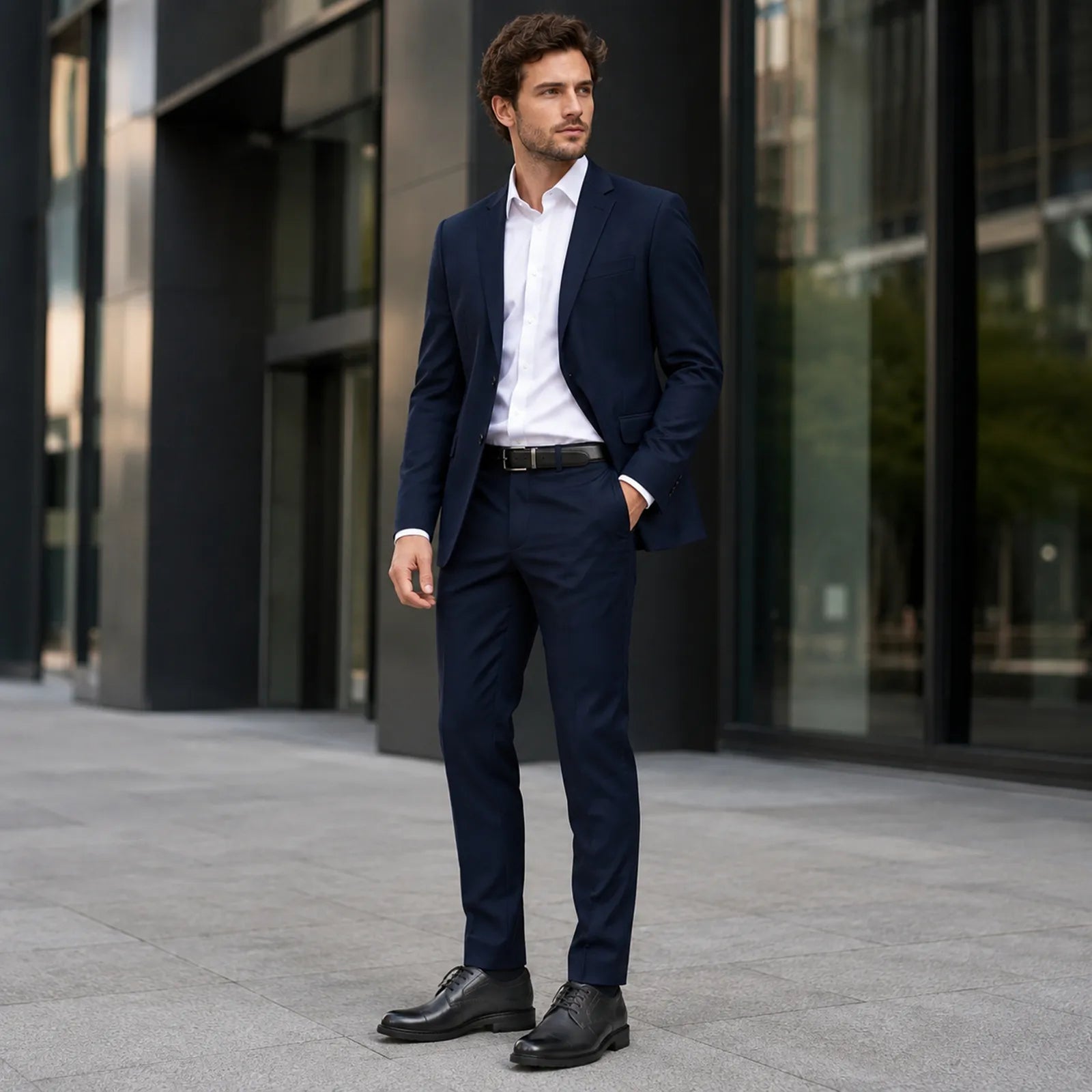 Men's black leather lace-up business shoes on model, side view