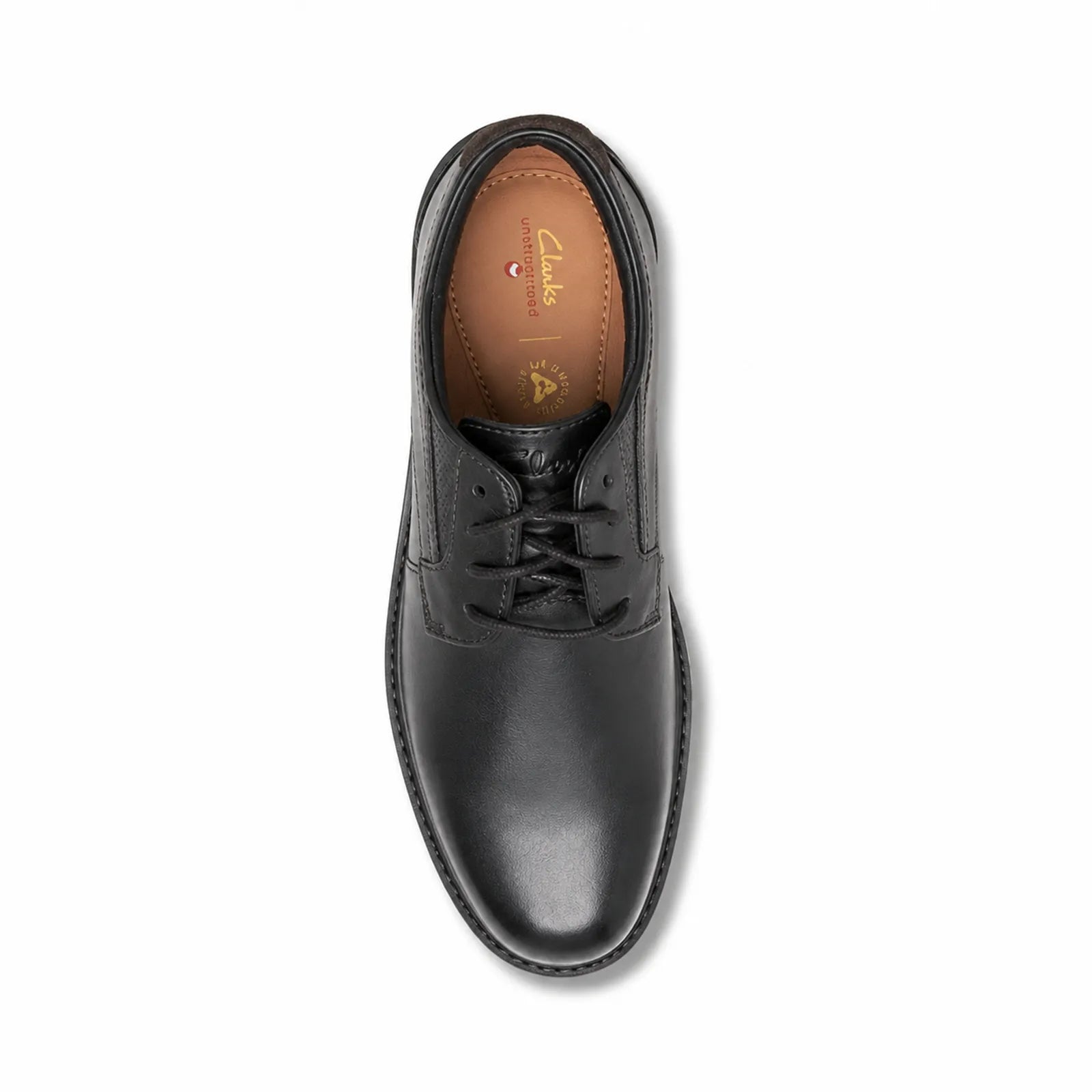 Men's black leather lace-up dress shoe, top view, rounded toe