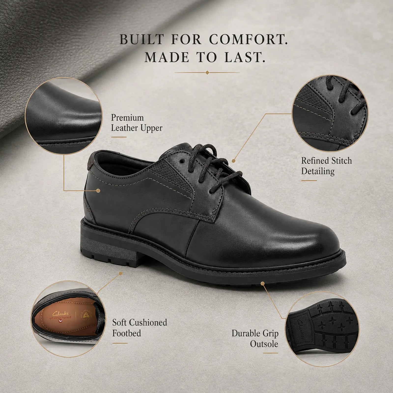 Men's black leather lace-up business shoe with visible eyelets and stitching