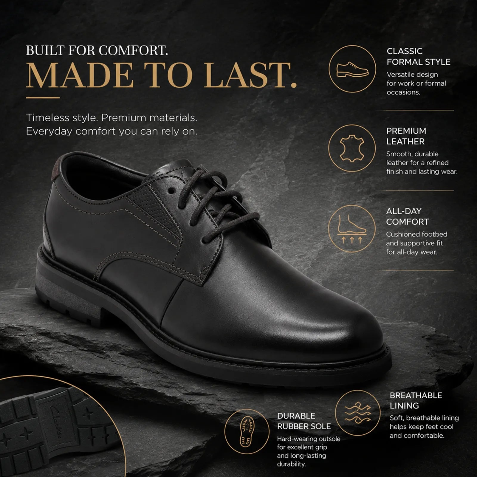 Men's black leather lace-up dress shoe with seam detailing and rubber outsole