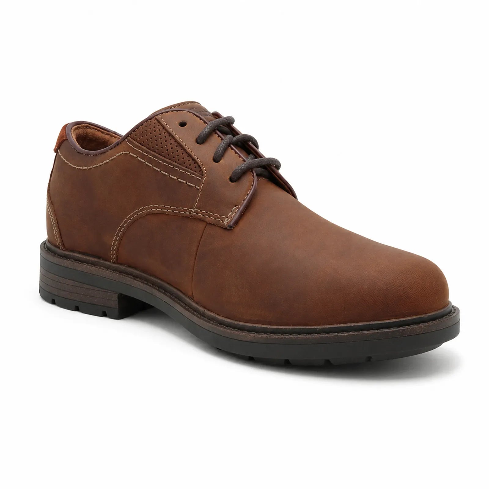 Men's brown leather lace-up business shoe with stitched panels and dark sole