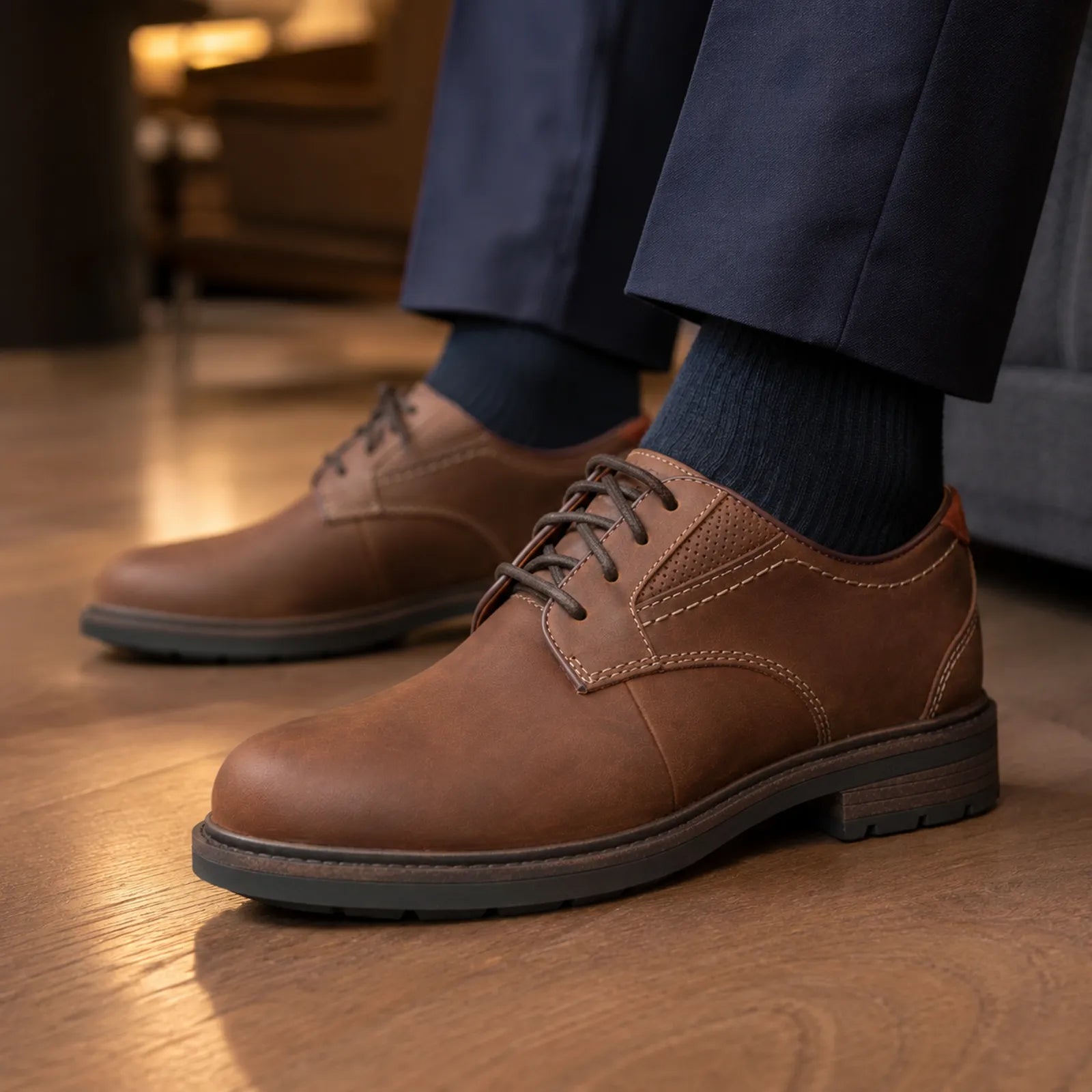 Men's brown leather lace-up business shoe with textured tread sole