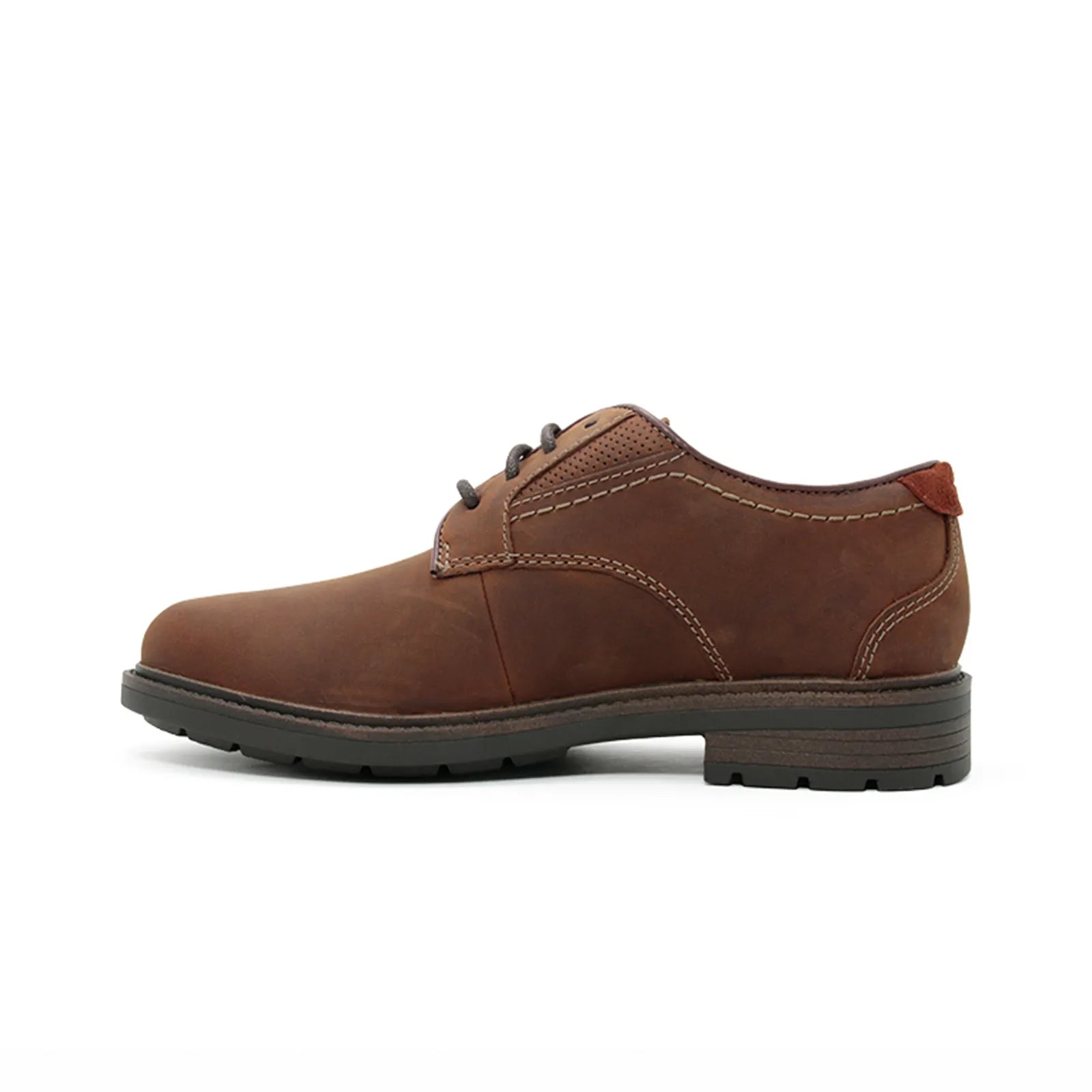Men's brown leather lace-up dress shoe with rounded toe and dark rubber sole