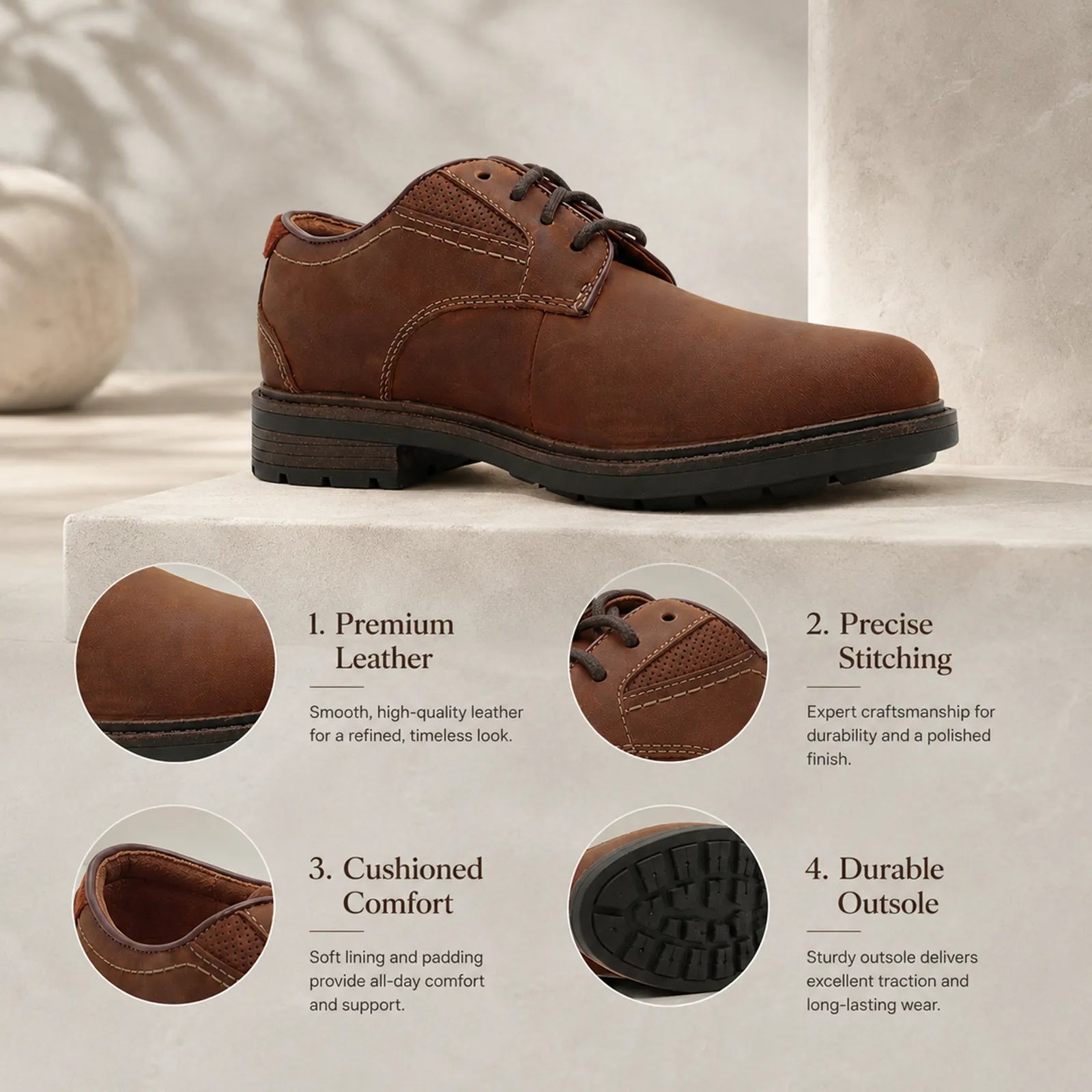 Brown leather men’s low lace-up business shoe with cushioned sole and stitched panels
