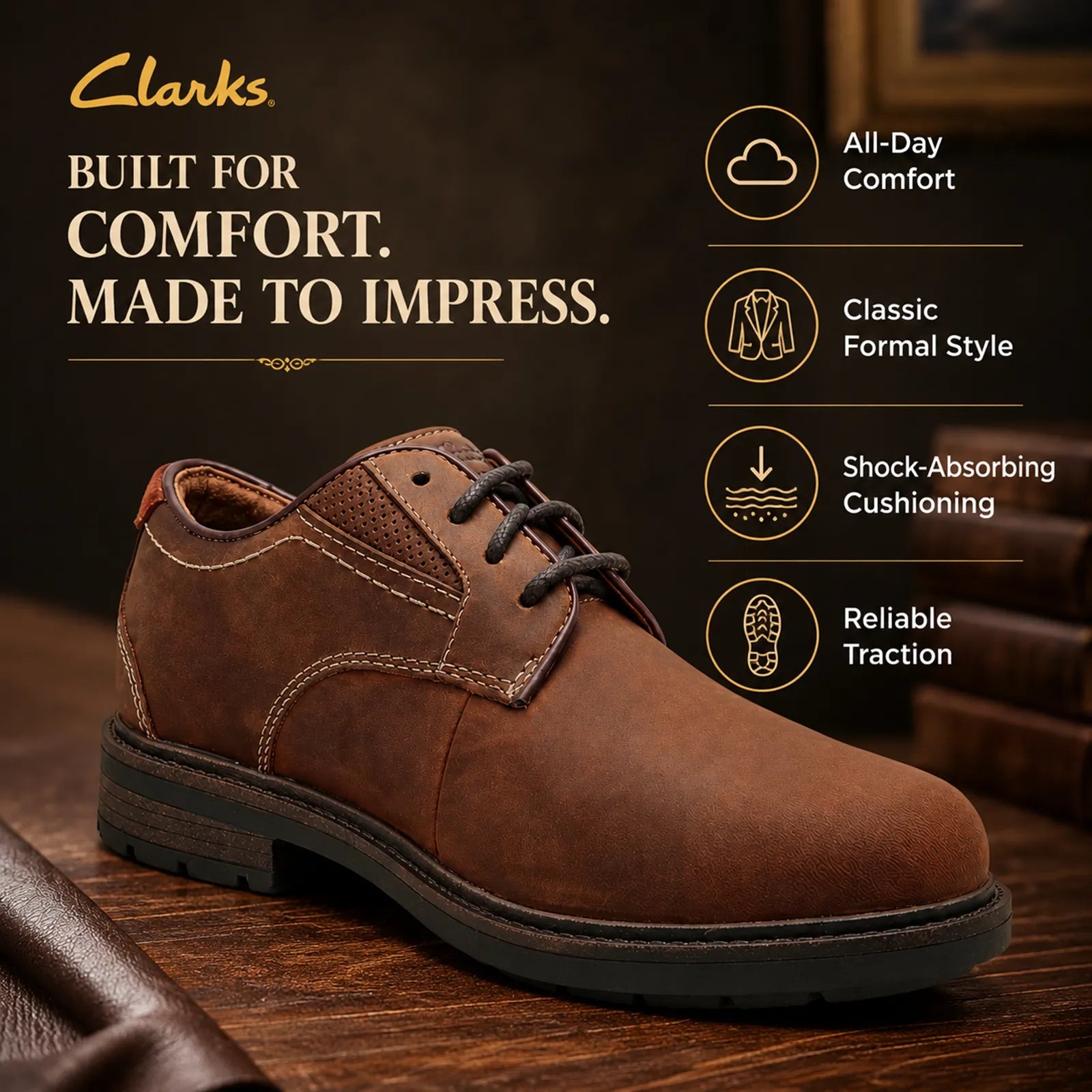 Brown leather men’s lace-up formal shoes with rubber tread outsole