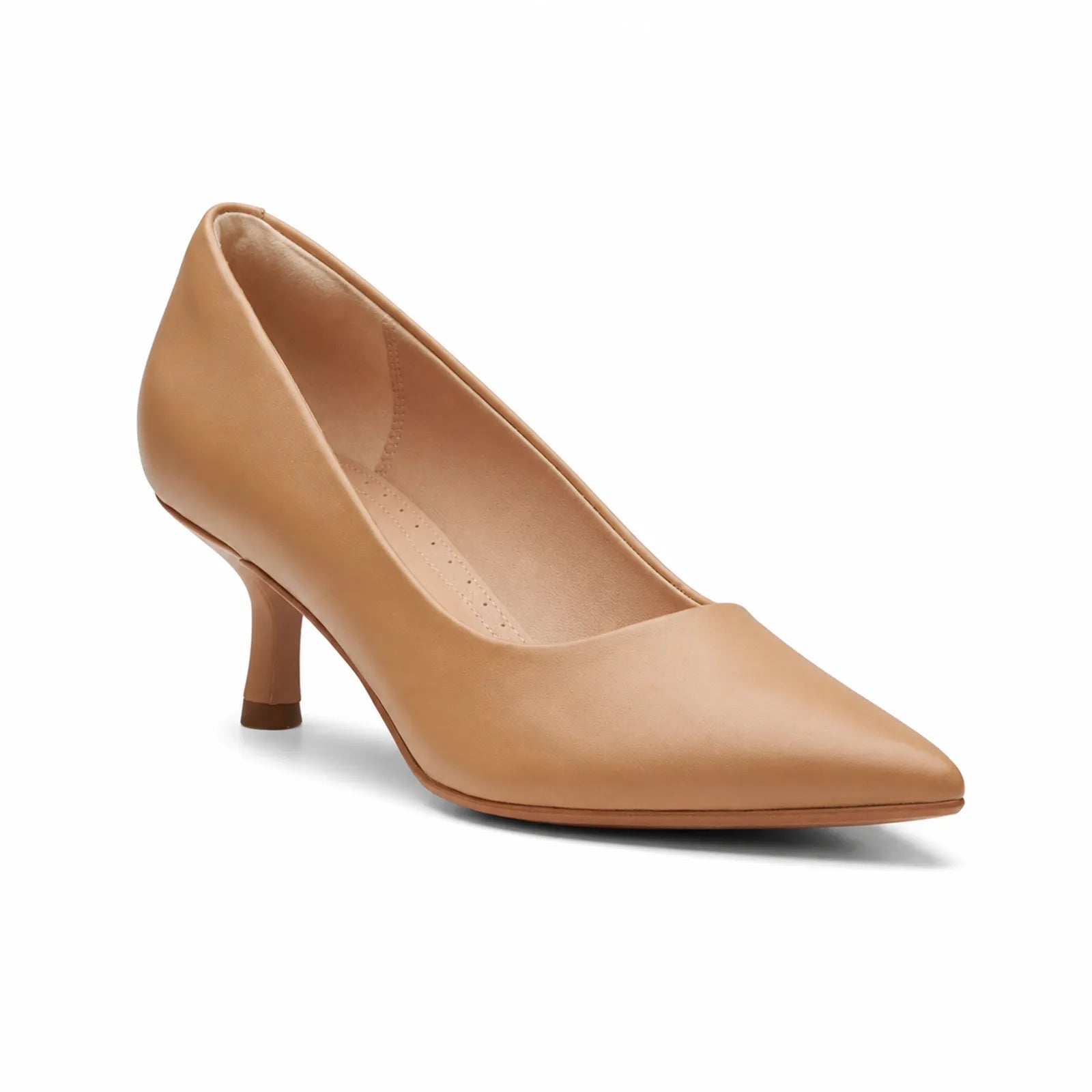 Women's heeled pumps in tan leather with pointed toe and mid-height heel.