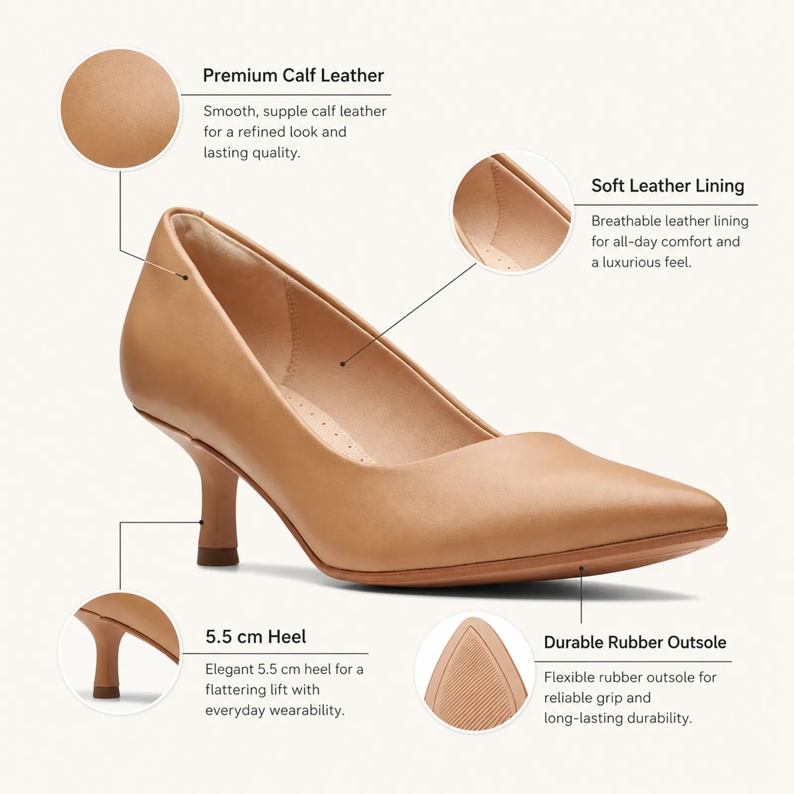 Women's tan heeled pumps with smooth calf leather upper and soft leather lining.