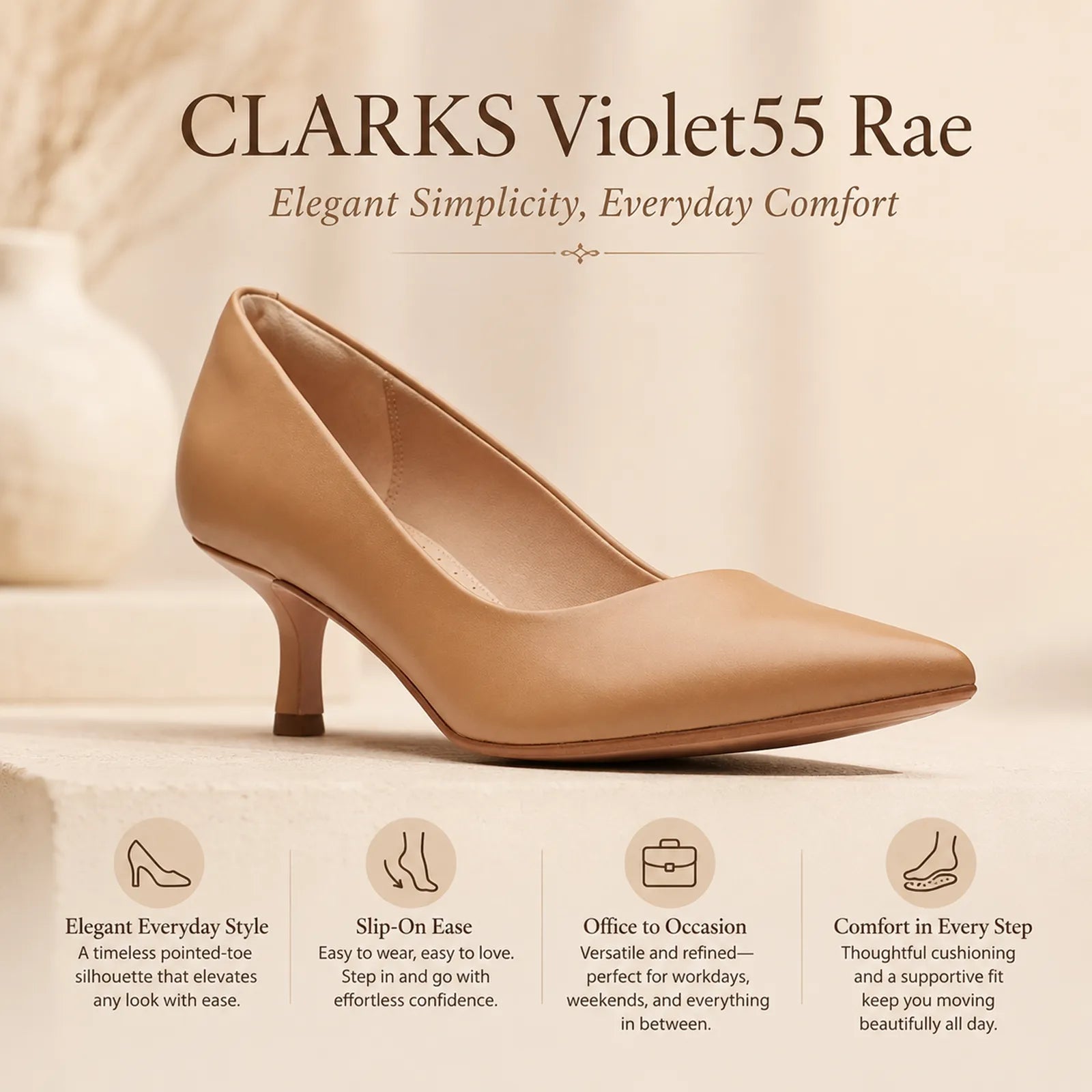 Women's tan heeled pumps with pointed toe and 5.5 cm heel in calf leather.