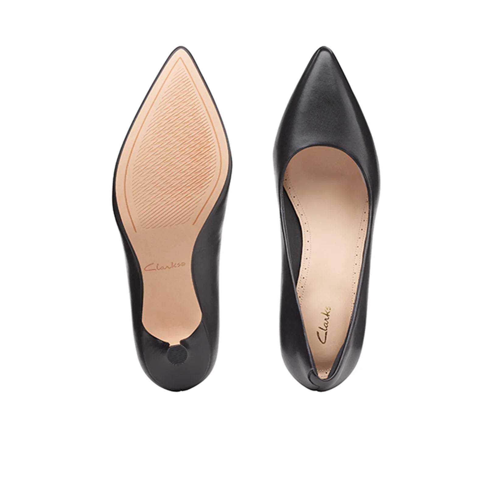 Pair of women's black pointed-toe slip-on heels with beige insole and slim heel
