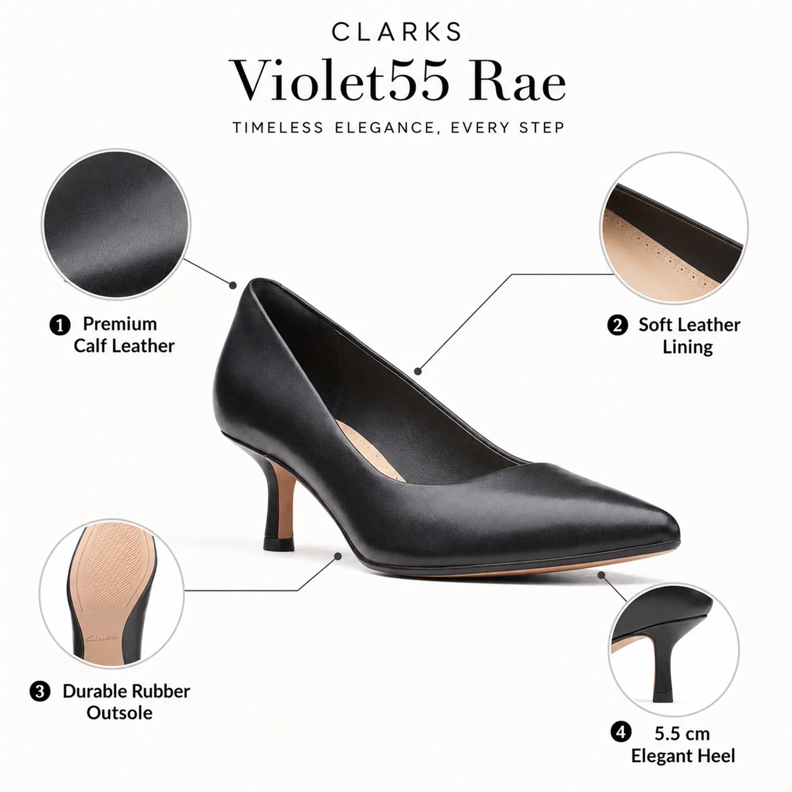 Women's black pointed-toe slip-on heels shown with heel and sole detail markings