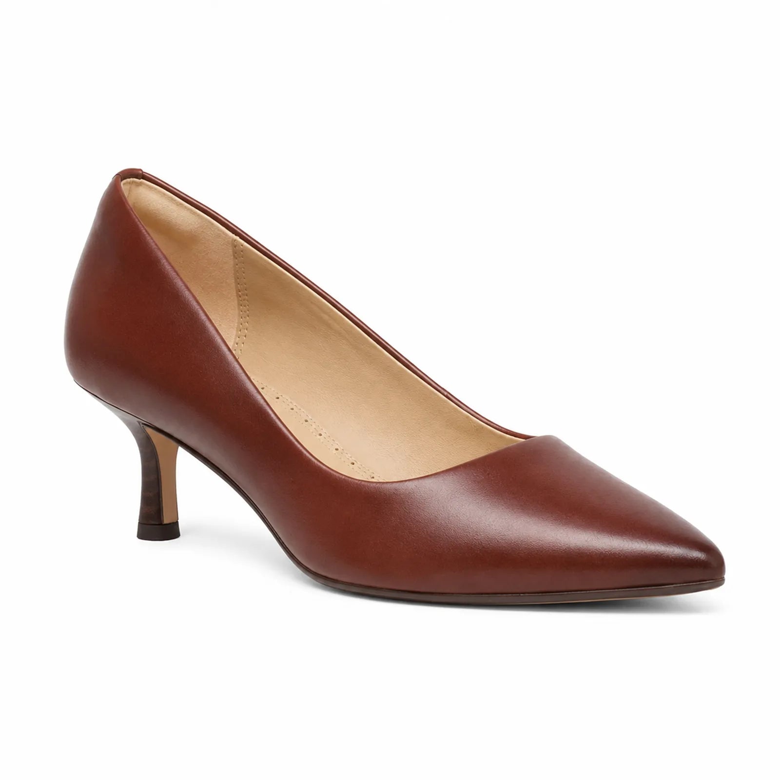 Women's brown pointed-toe slip-on heels with a slim stiletto heel and leather upper
