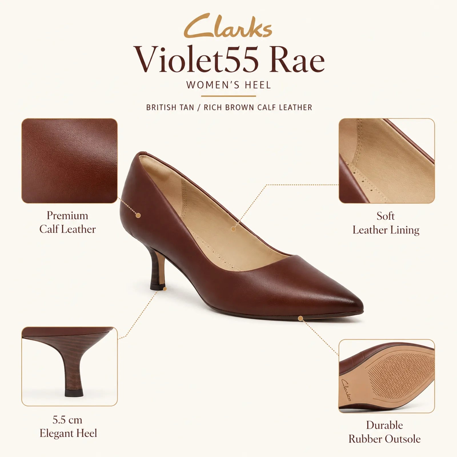 Women's heeled pumps, rich brown leather with pointed toe and 5.5 cm heel.