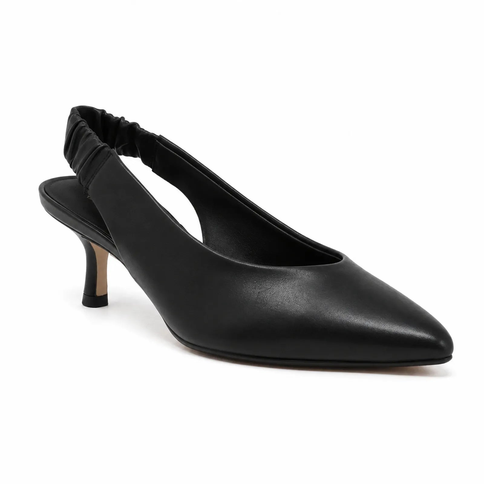Black pointed-toe slingback pumps with ruched elastic strap and slim stiletto heel