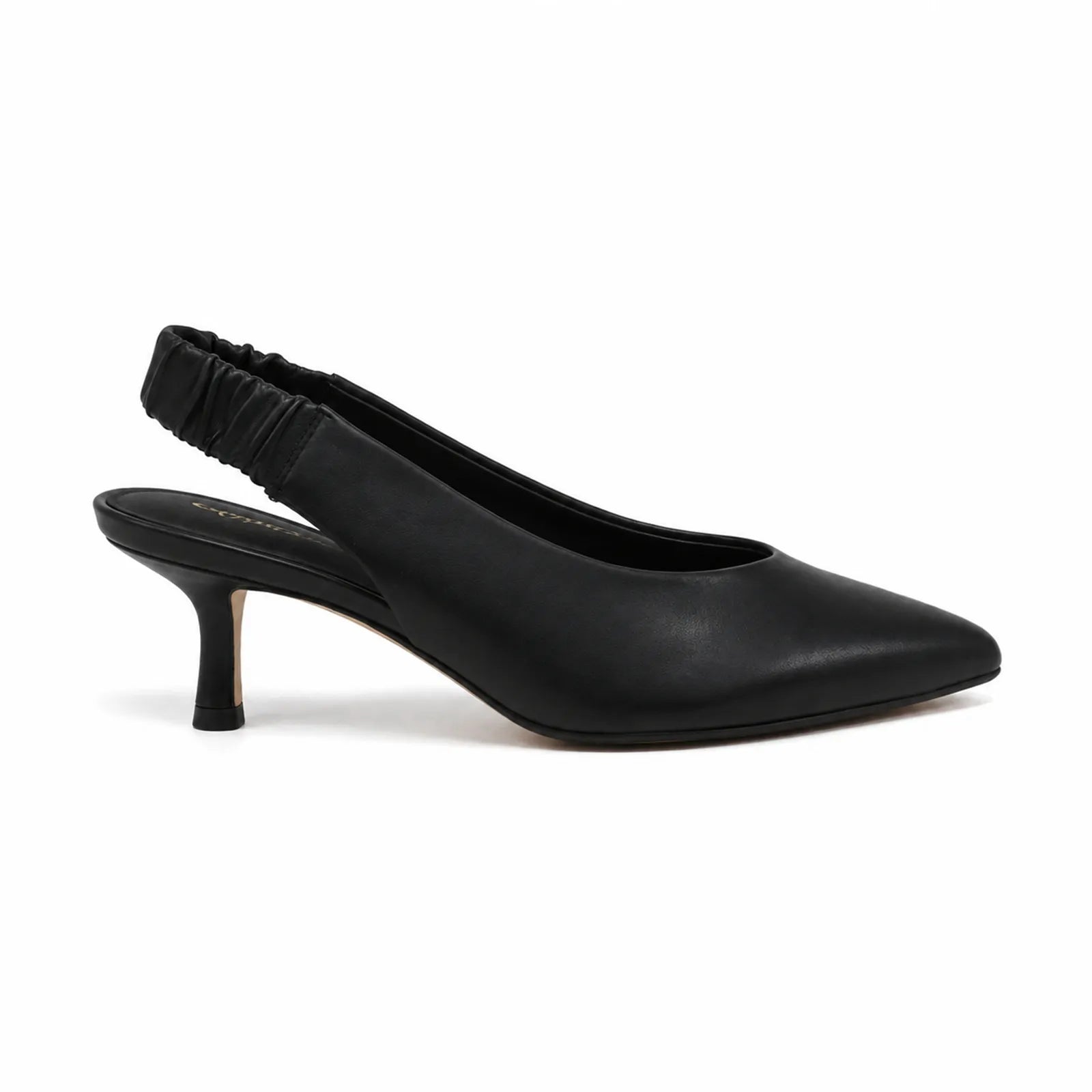 Black pointed-toe slingback pumps with ruched elastic sling strap and stiletto heel
