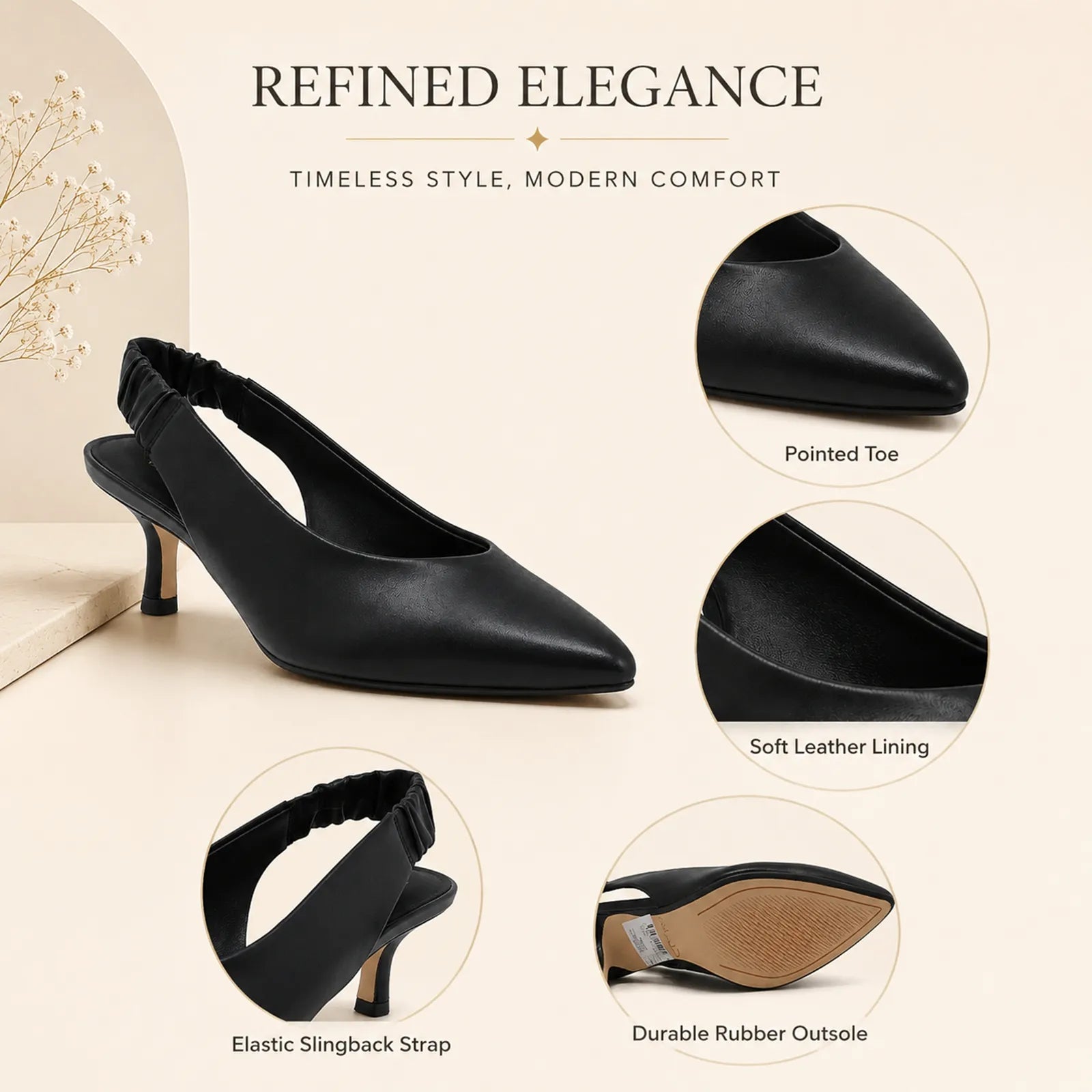 Black pointed-toe slingback pumps with ruched elastic strap and rubber outsole